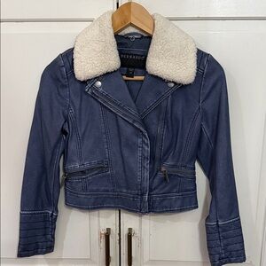 Bernardo girls Navy Moto Jacket with detachable faux Shearling Collar
